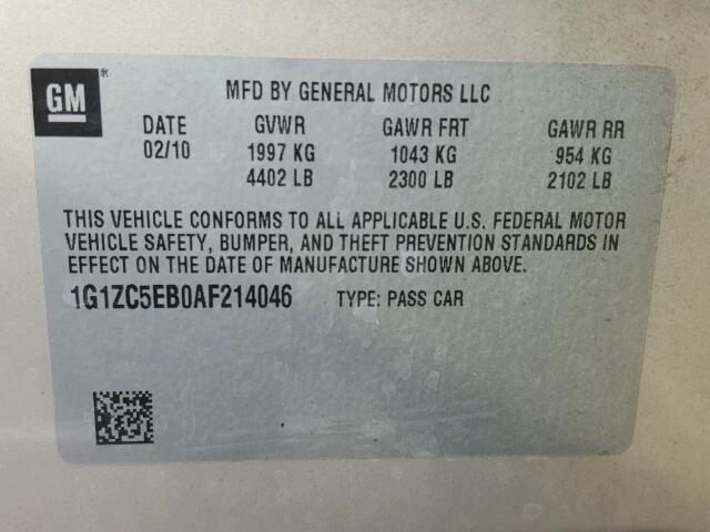 1G1ZC5EB0AF214046 - 2010 CHEVROLET MALIBU 1LT 金色 照片 10