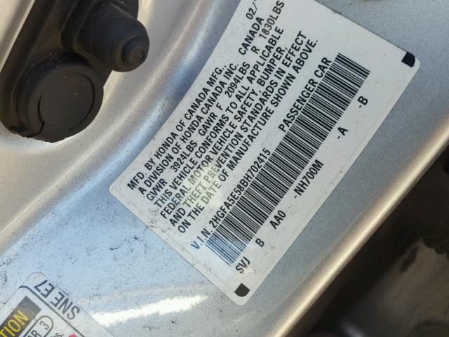 2HGFA5E58BH702415 - 2011 HONDA CIVIC SILVER photo 10