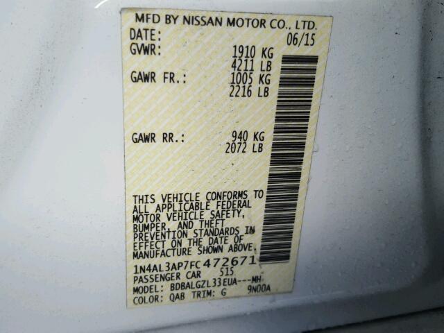 1N4AL3AP7FC472671 - 2015 NISSAN ALTIMA 2.5 WHITE photo 10