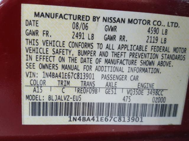 1N4BA41E67C813901 - 2007 NISSAN MAXIMA SE BURGUNDY photo 10