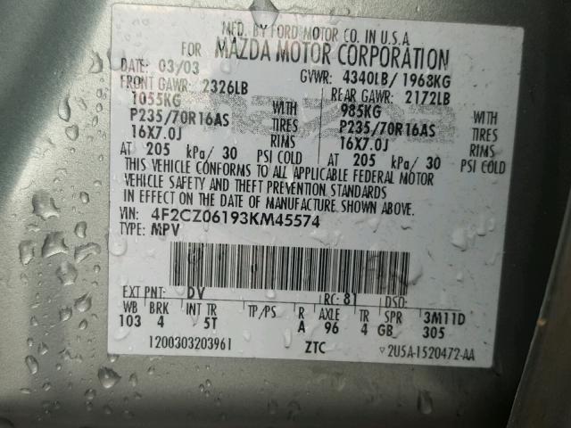 4F2CZ06193KM45574 - 2003 MAZDA TRIBUTE ES GREEN photo 10