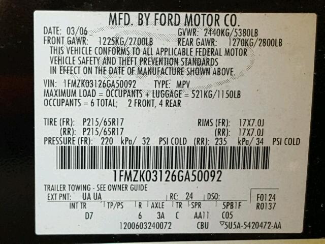 1FMZK03126GA50092 - 2006 FORD FREESTYLE BLACK photo 10