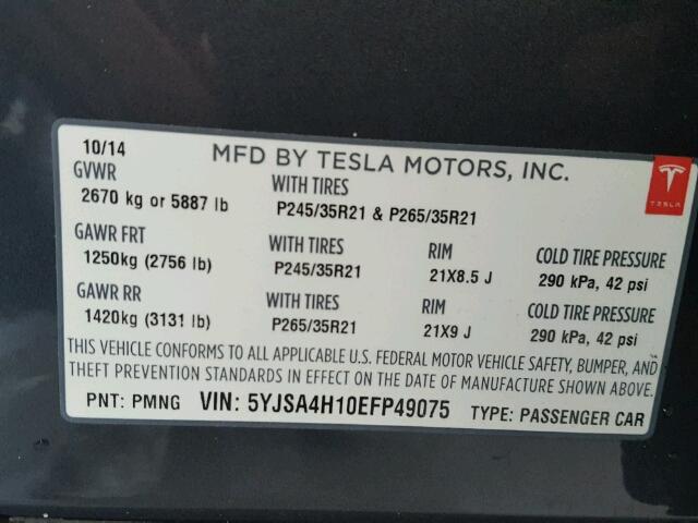 5YJSA4H10EFP49075 - 2014 TESLA MODEL S 85 CHARCOAL photo 10