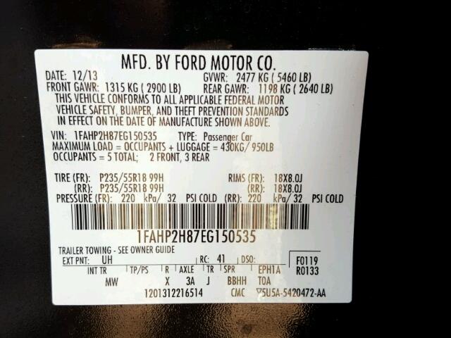 1FAHP2H87EG150535 - 2014 FORD TAURUS SEL BLACK photo 10