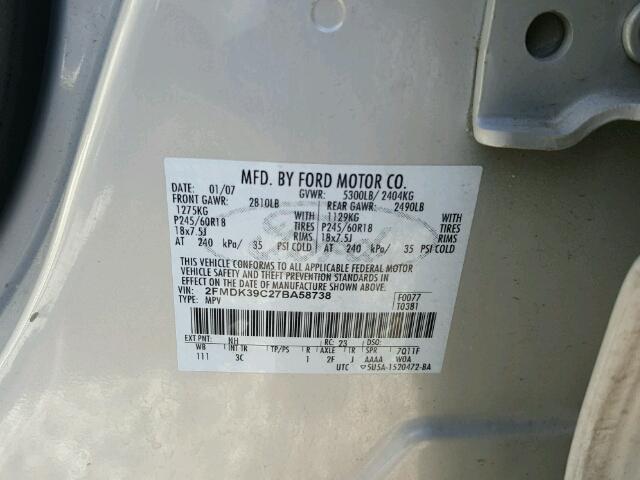 2FMDK39C27BA58738 - 2007 FORD EDGE SEL P WHITE photo 10