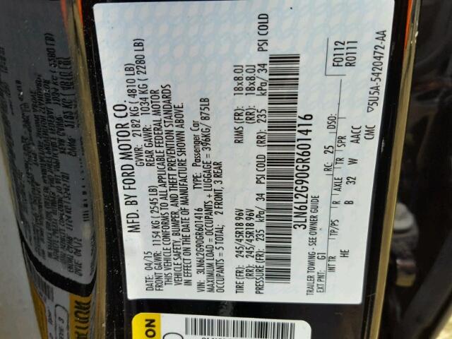 3LN6L2G90GR601416 - 2016 LINCOLN MKZ Սև լուսանկար 10