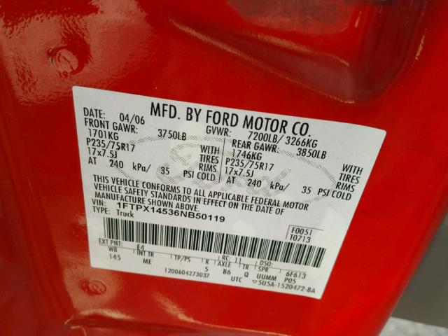 1FTPX14536NB50119 - 2006 FORD F150 RED photo 10