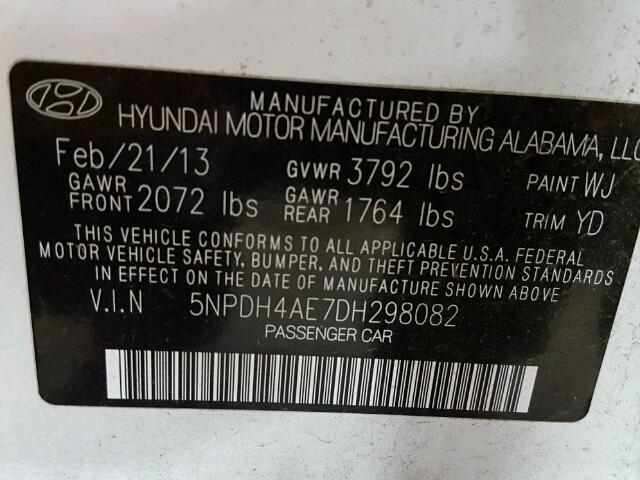 5NPDH4AE7DH298082 - 2013 HYUNDAI ELANTRA WHITE photo 10