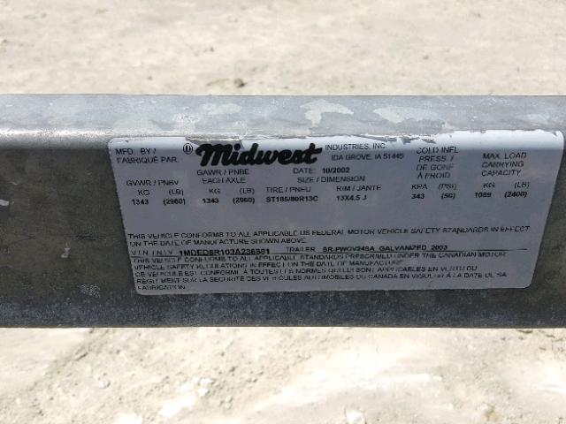 1MDED8R103A236881 - 2003 BOAT TRAILER SILVER photo 10