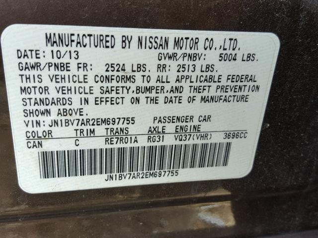 JN1BV7AR2EM697755 - 2014 INFINITI Q50 BASE BROWN photo 10