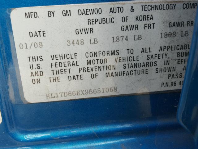 KL1TD66EX9B651068 - 2009 CHEVROLET AVEO LS BLUE photo 10