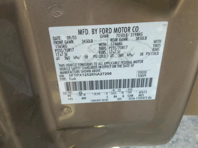 1FTPX12526NA27298 - 2006 FORD F150 TAN photo 10