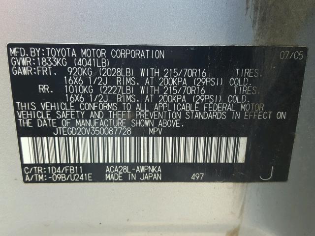 JTEGD20V350087728 - 2005 TOYOTA RAV4 SILVER photo 10