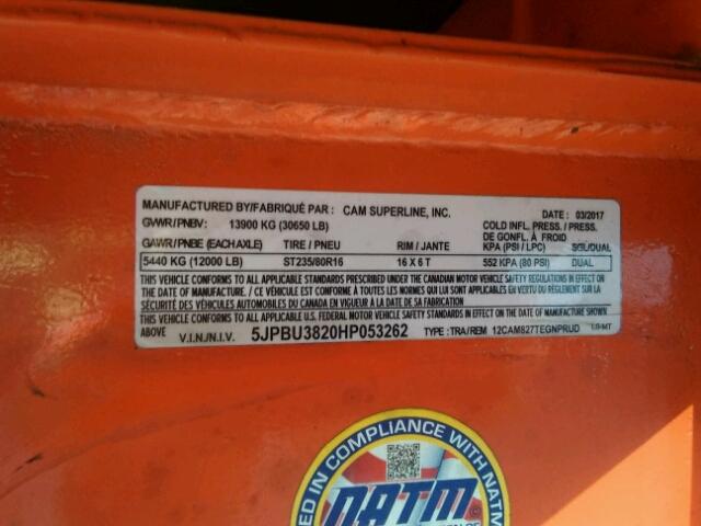 5JPBU3820HP053262 - 2017 UTILIMASTER TRAILER ORANGE photo 10