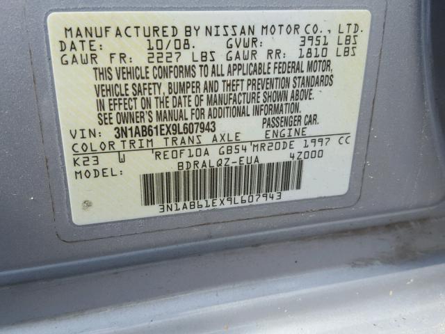 3N1AB61EX9L607943 - 2009 NISSAN SENTRA 2.0 SILVER photo 10