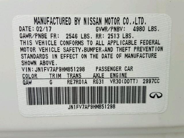 JN1FV7AP9HM851298 - 2017 INFINITI Q50 WHITE photo 10