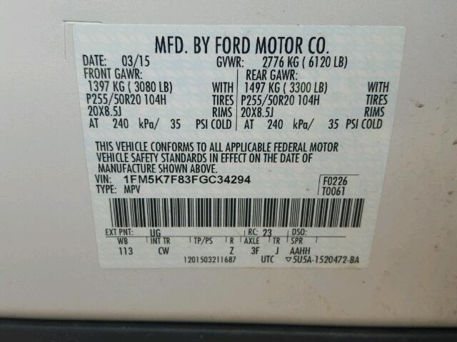 1FM5K7F83FGC34294 - 2015 FORD EXPLORER L WHITE photo 10