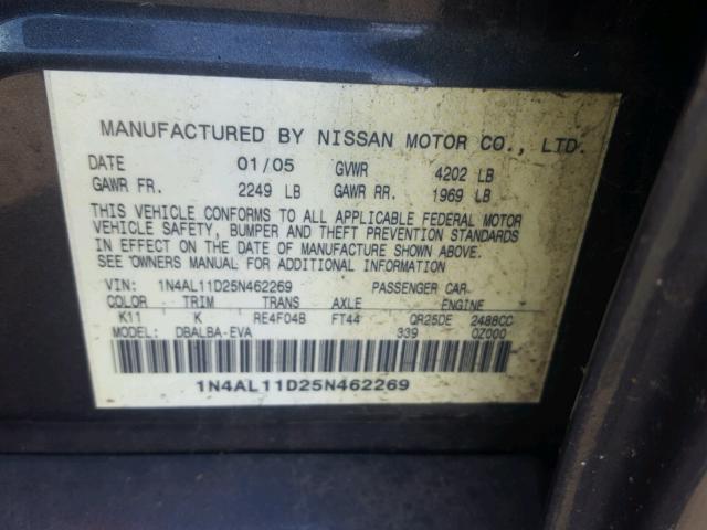 1N4AL11D25N462269 - 2005 NISSAN ALTIMA S GRAY photo 10