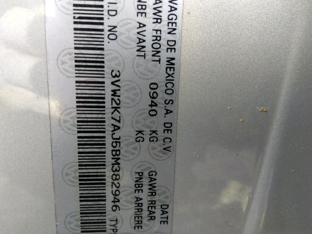 3VW2K7AJ5BM382946 - 2011 VOLKSWAGEN JETTA BASE 银色 照片 9