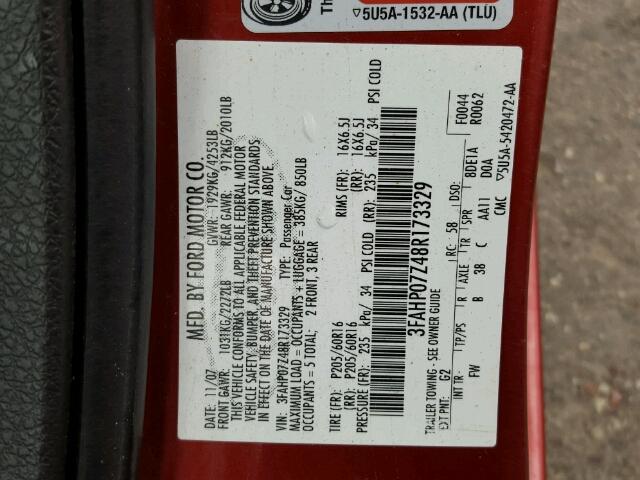 3FAHP07Z48R173329 - 2008 FORD FUSION RED photo 10