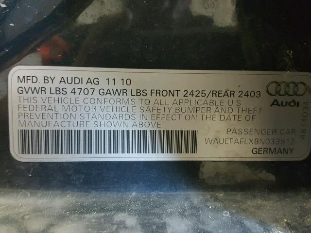 WAUEFAFLXBN033912 - 2011 AUDI A4 PREMIUM BLUE photo 10