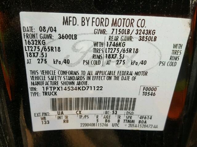 1FTPX14534KD71122 - 2004 FORD F150 BLACK photo 10