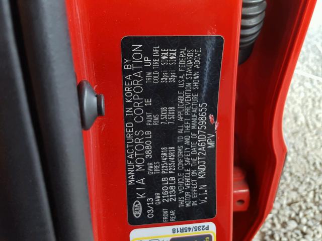 KNDJT2A61D7598655 - 2013 KIA SOUL RED photo 10