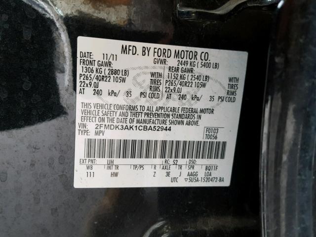 2FMDK3AK1CBA52944 - 2012 FORD EDGE SPORT BLACK photo 10