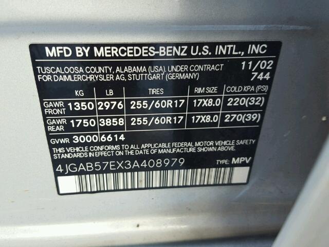 4JGAB57EX3A408979 - 2003 MERCEDES-BENZ ML 350 SILVER photo 10