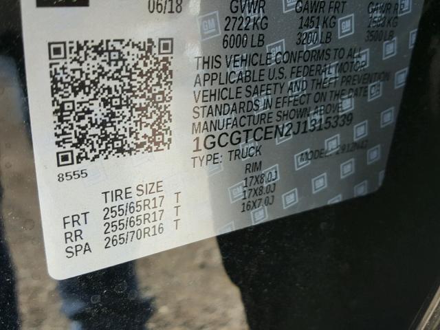 1GCGTCEN2J1315339 - 2018 CHEVROLET COLORADO L BLACK photo 10