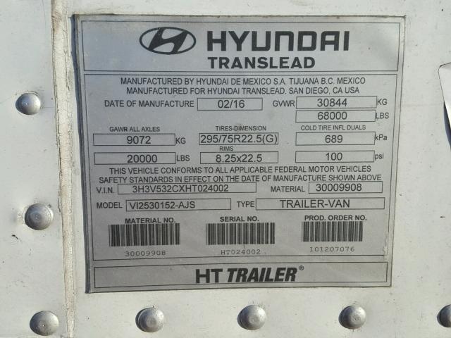 3H3V532CXHT024002 - 2017 HYUNDAI TRAILER WHITE photo 10