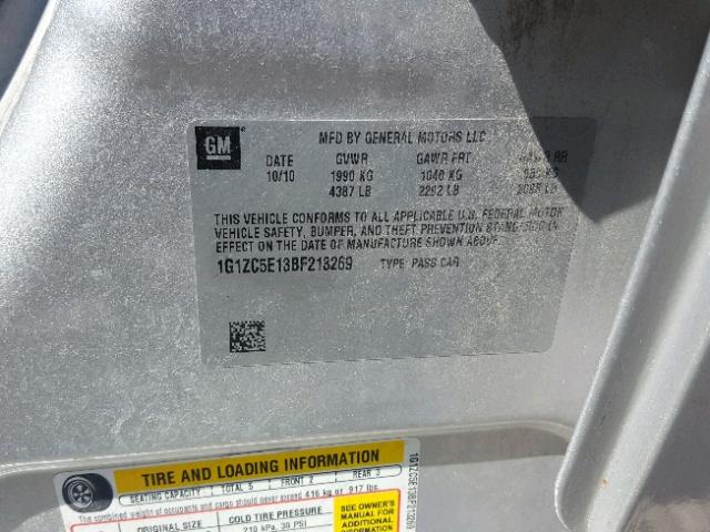 1G1ZC5E13BF213269 - 2011 CHEVROLET MALIBU 1LT ვერცხლისფერი ფოტო 10