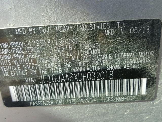 JF1GJAA6XDH032018 - 2013 SUBARU IMPREZA BA SILVER photo 10