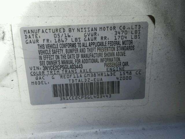 3N1CE2CP5GL403443 - 2016 NISSAN VERSA NOTE WHITE photo 10