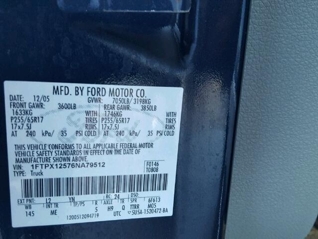 1FTPX12576NA79512 - 2006 FORD F150 BLUE photo 10