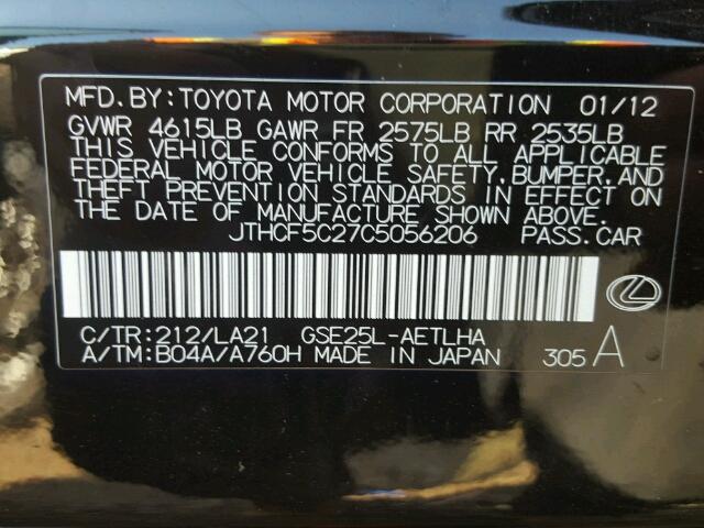 JTHCF5C27C5056206 - 2012 LEXUS IS BLACK photo 10