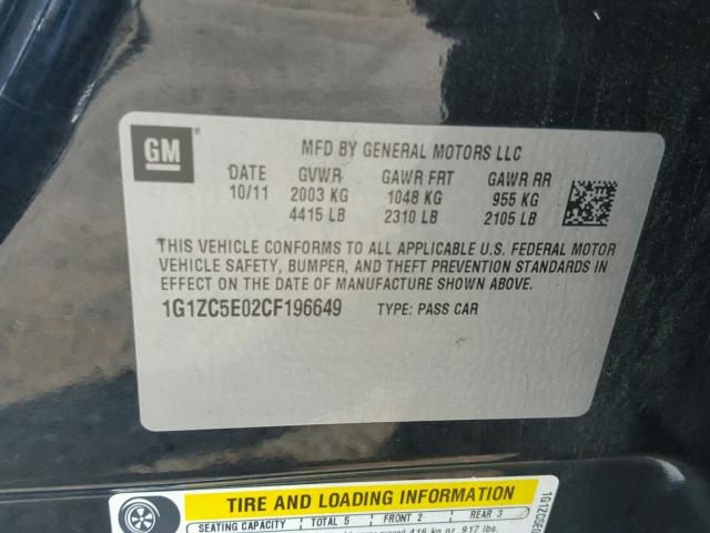 1G1ZC5E02CF196649 - 2012 CHEVROLET MALIBU 1LT BLACK photo 10