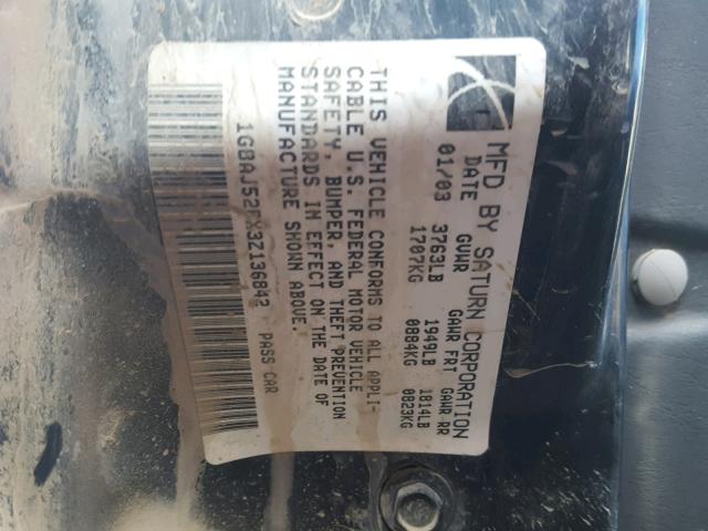1G8AJ52FX3Z136842 - 2003 SATURN ION LEVEL BLUE photo 10