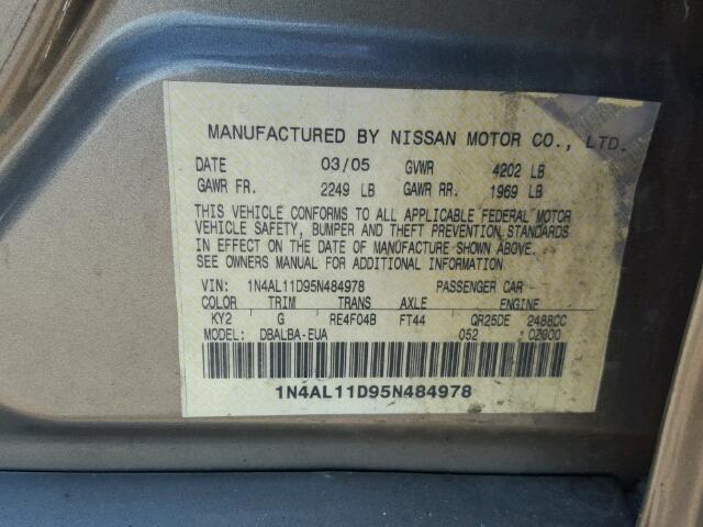 1N4AL11D95N484978 - 2005 NISSAN ALTIMA S GOLD photo 10