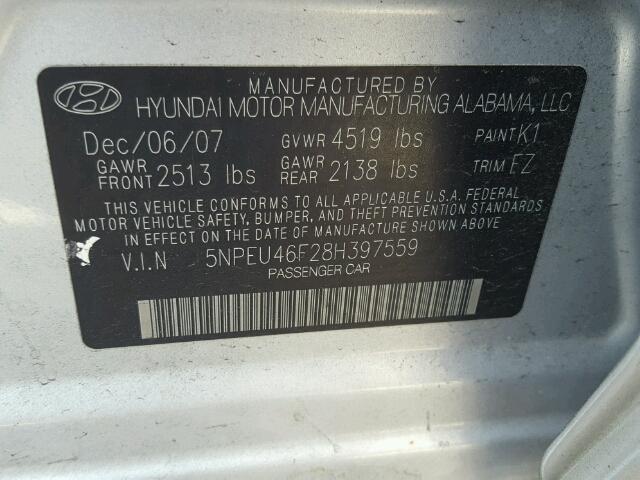 5NPEU46F28H397559 - 2008 HYUNDAI SONATA SE GRAY photo 10