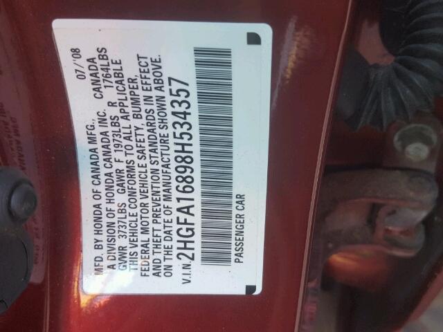 2HGFA16898H534357 - 2008 HONDA CIVIC EX მუქწითელი ფოტო 10