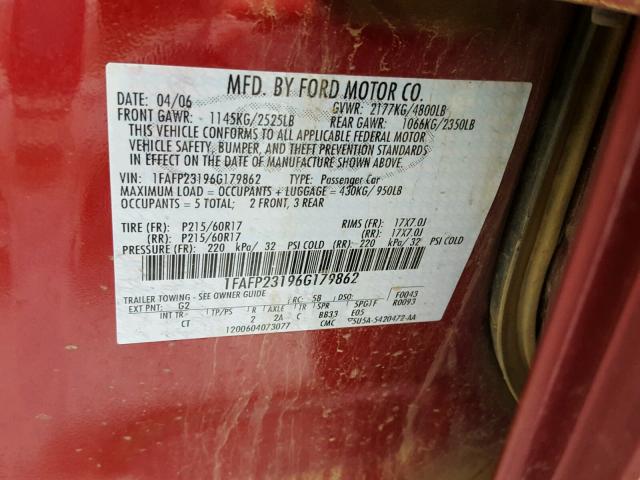 1FAFP23196G179862 - 2006 FORD FIVE HUNDR RED photo 10
