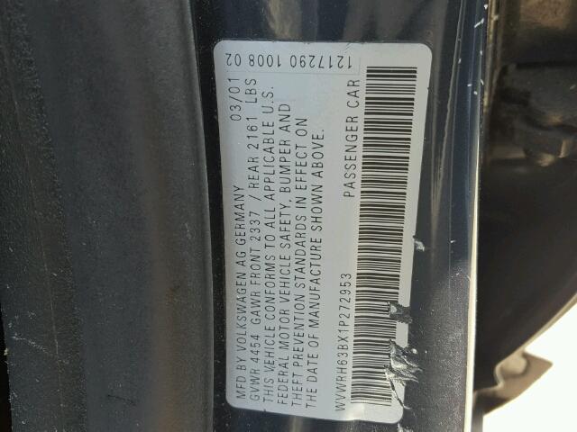 WVWRH63BX1P272953 - 2001 VOLKSWAGEN PASSAT GLX 石墨色 照片 10