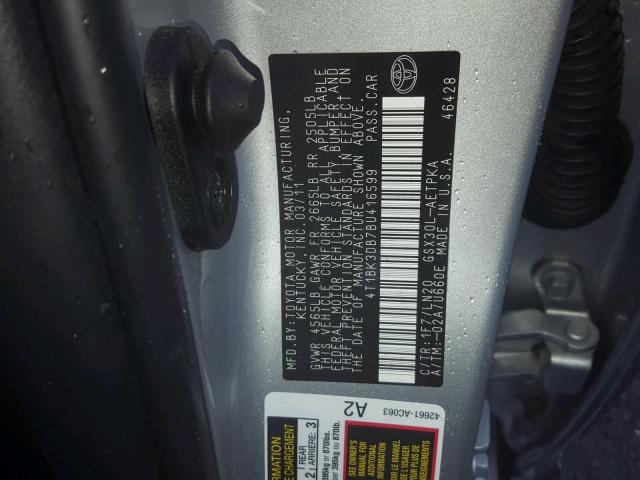 4T1BK3DB7BU416599 - 2011 TOYOTA AVALON BAS SILVER photo 10