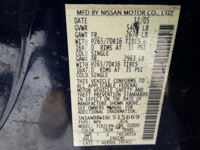 5N1AN08W16C515669 - 2006 NISSAN XTERRA BLUE photo 10