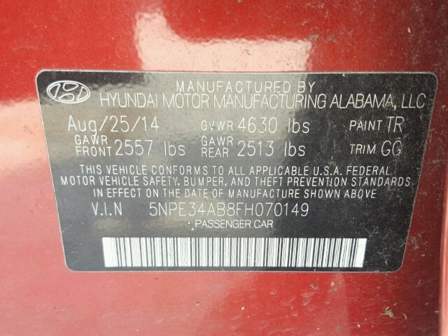 5NPE34AB8FH070149 - 2015 HYUNDAI SONATA SPO RED photo 10