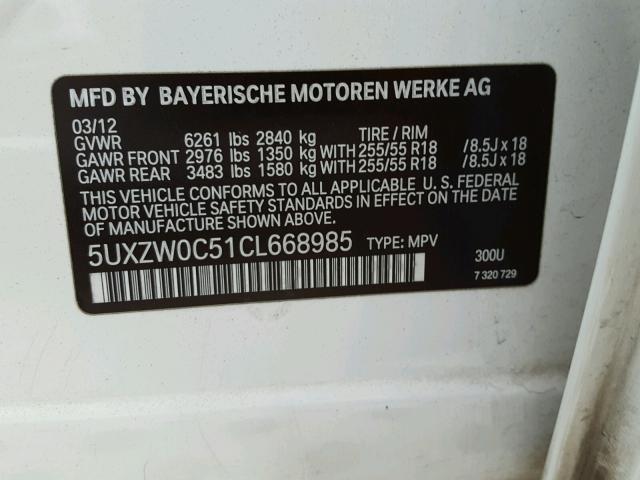 5UXZW0C51CL668985 - 2012 BMW X5 XDRIVE3 WHITE photo 10
