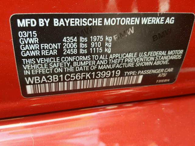 WBA3B1C56FK139919 - 2015 BMW 320 I RED photo 10