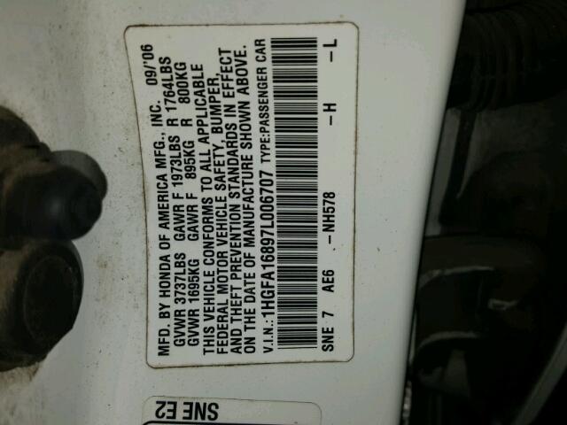 1HGFA16897L006707 - 2007 HONDA CIVIC EX WHITE photo 10