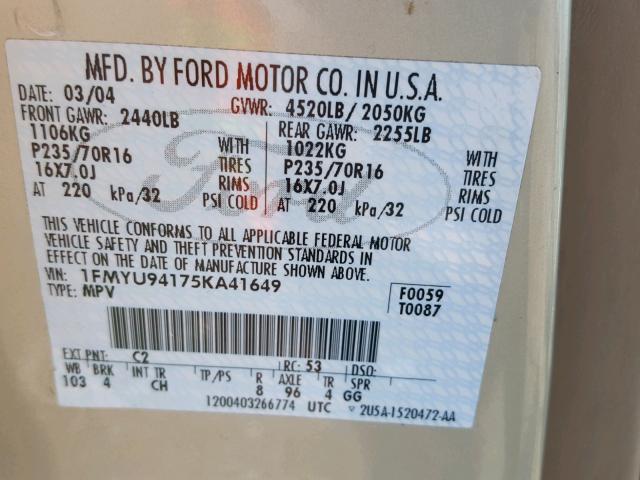 1FMYU94175KA41649 - 2005 FORD ESCAPE LIM BEIGE photo 10